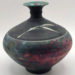 Robert Ellert Signed Raku Pottery Vase Iridescent Red Green Blue Black 6.5" H